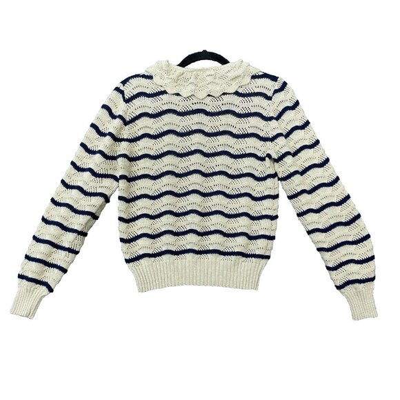 Vintage RK Knits Youth Sweater Girl Size 14  Knitted Striped Blue Beige Stretch - Picture 12 of 13